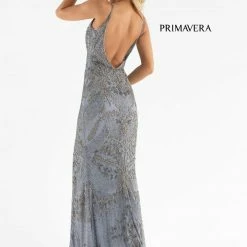 In Stock Primavera Couture 3733 Beaded Prom Dress V Neckline Backless Side Slit Evening Gown