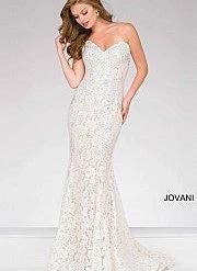 Jovani 37334 Strapless Embellished Lace Prom Dress Fitted Mermaid Long Peak Point Neckline Mermaid Dresses