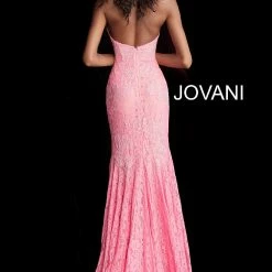 Jovani 37334 Strapless Embellished Lace Prom Dress Fitted Mermaid Long Peak Point Neckline Mermaid Dresses