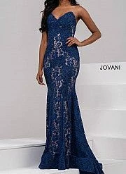 Jovani 37334 Strapless Embellished Lace Prom Dress Fitted Mermaid Long Peak Point Neckline Mermaid Dresses