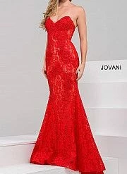Jovani 37334 Strapless Embellished Lace Prom Dress Fitted Mermaid Long Peak Point Neckline Mermaid Dresses
