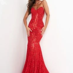 Jovani 37334 Strapless Embellished Lace Prom Dress Fitted Mermaid Long Peak Point Neckline Mermaid Dresses