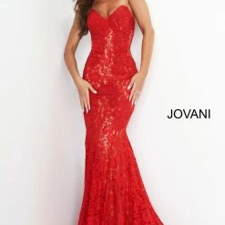 Jovani 37334 Strapless Embellished Lace Prom Dress Fitted Mermaid Long Peak Point Neckline Mermaid Dresses