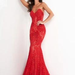 Jovani 37334 Long Sweetheart Embellished Lace Prom Dress Fitted Mermaid Strapless Mermaid Dresses