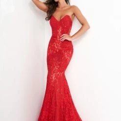 Jovani 37334 Long Sweetheart Embellished Lace Prom Dress Fitted Mermaid Strapless Mermaid Dresses