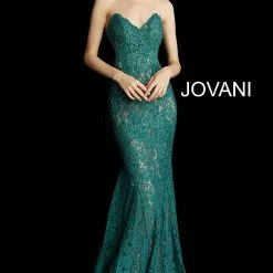 Jovani 37334 Embellished Lace Prom Dress Peak Point Neckline Fitted Mermaid Strapless Mermaid Dresses