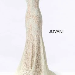 Jovani 37334 Strapless Embellished Lace Prom Dress Fitted Mermaid Long Peak Point Neckline Mermaid Dresses