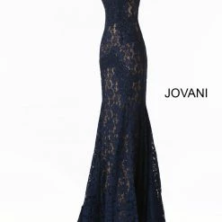 Jovani 37334 Strapless Embellished Lace Prom Dress Fitted Mermaid Long Peak Point Neckline Mermaid Dresses