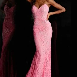 Jovani 37334 Embellished Lace Prom Dress Peak Point Neckline Fitted Mermaid Strapless Mermaid Dresses