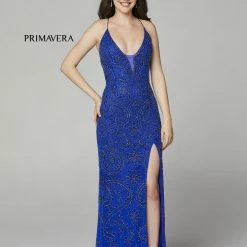 Primavera Couture 3734 Beaded Prom Dress V Neckline Sheer Panel Slit Evening Gown Backless Dresses