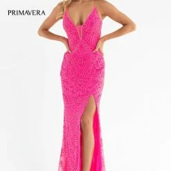 Primavera Couture 3734 Beaded Prom Dress V Neckline Sheer Panel Slit Evening Gown Backless Dresses