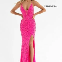 Primavera Couture 3734 Beaded Prom Dress V Neckline Sheer Panel Slit Evening Gown Backless Dresses