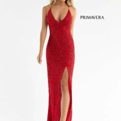 Primavera Couture 3734 Beaded Prom Dress V Neckline Sheer Panel Slit Evening Gown Backless Dresses