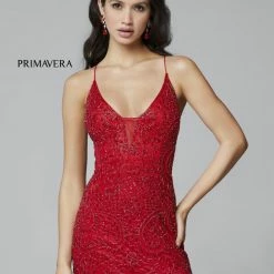 Primavera Couture 3734 Beaded Prom Dress V Neckline Sheer Panel Slit Evening Gown Backless Dresses