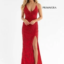 Primavera Couture 3734 Beaded Prom Dress V Neckline Sheer Panel Slit Evening Gown Backless Dresses