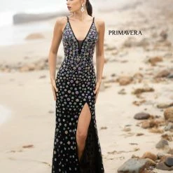 Backless Dresses Primavera Couture 3735 Beaded Floral Prom Dress Fitted V Neckline Slit Evening Gown 21 Backless Dresses Primavera Couture 3735 Beaded Floral Prom Dress Fitted V Neckline Slit Evening Gown