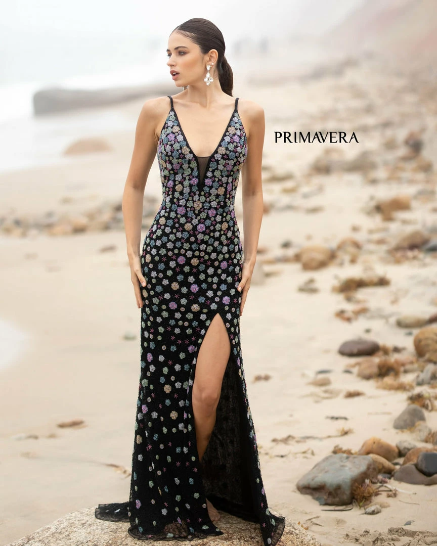 Backless Dresses Primavera Couture 3735 Beaded Floral Prom Dress Fitted V Neckline Slit Evening Gown 12 Backless Dresses Primavera Couture 3735 Beaded Floral Prom Dress Fitted V Neckline Slit Evening Gown