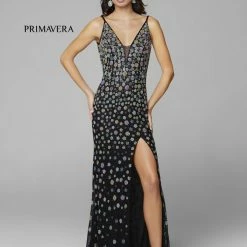 Backless Dresses Primavera Couture 3735 Beaded Floral Prom Dress Fitted V Neckline Slit Evening Gown 18 Backless Dresses Primavera Couture 3735 Beaded Floral Prom Dress Fitted V Neckline Slit Evening Gown