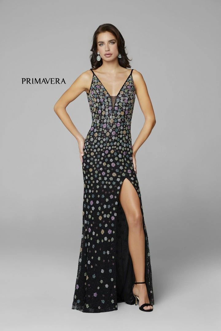 Backless Dresses Primavera Couture 3735 Beaded Floral Prom Dress Fitted V Neckline Slit Evening Gown 9 Backless Dresses Primavera Couture 3735 Beaded Floral Prom Dress Fitted V Neckline Slit Evening Gown
