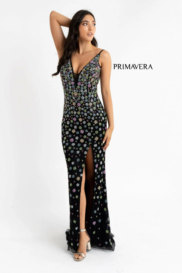 Backless Dresses Primavera Couture 3735 Beaded Floral Prom Dress Fitted V Neckline Slit Evening Gown 11 Backless Dresses Primavera Couture 3735 Beaded Floral Prom Dress Fitted V Neckline Slit Evening Gown
