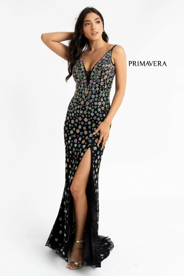 Backless Dresses Primavera Couture 3735 Beaded Floral Prom Dress Fitted V Neckline Slit Evening Gown 10 Backless Dresses Primavera Couture 3735 Beaded Floral Prom Dress Fitted V Neckline Slit Evening Gown