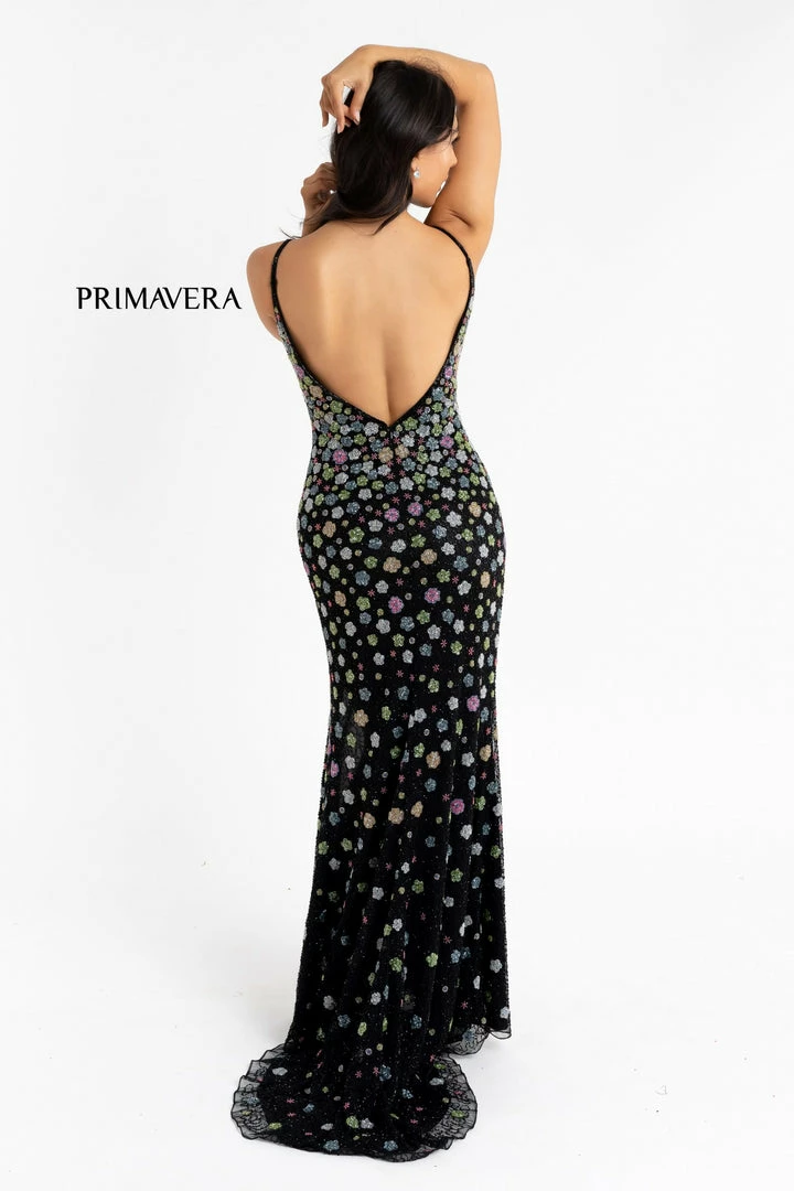 Backless Dresses Primavera Couture 3735 Beaded Floral Prom Dress Fitted V Neckline Slit Evening Gown 6 Backless Dresses Primavera Couture 3735 Beaded Floral Prom Dress Fitted V Neckline Slit Evening Gown