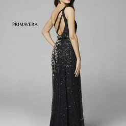 Primavera Couture 3736 Prom Dress Beaded One Shoulder Strap A Line Sequins Floral Details