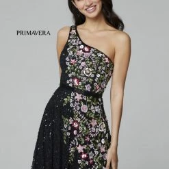 Primavera Couture 3736 Prom Dress Beaded One Shoulder Strap A Line Sequins Floral Details