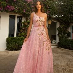 Primavera Couture 3736 Prom Dress Beaded One Shoulder Strap A Line Sequins Floral Details