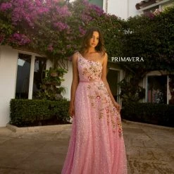 Primavera Couture 3736 Prom Dress Beaded One Shoulder Strap A Line Sequins Floral Details