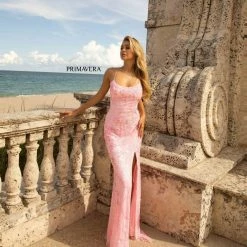 Primavera Couture 3737 Sequined Prom Dress Scoop Neckline Lace Up Tie Back Floral Details