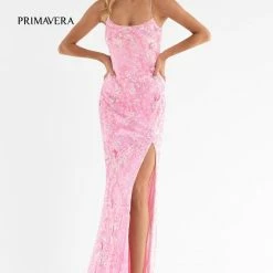 Primavera Couture 3737 Sequined Prom Dress Scoop Neckline Lace Up Tie Back Floral Details