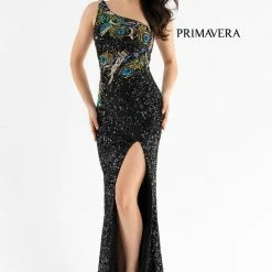 Primavera Couture 3738 Beaded Fitted Prom Dress Peacock Feather Details One Shoulder