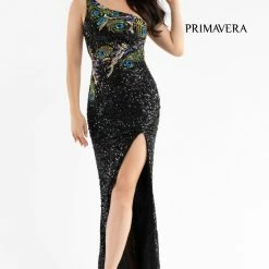 Primavera Couture 3738 Beaded Fitted Prom Dress Peacock Feather Details One Shoulder