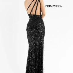 Primavera Couture 3738 Beaded Fitted Prom Dress Peacock Feather Details One Shoulder