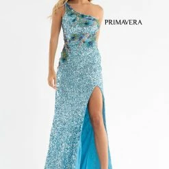 Primavera Couture 3738 Beaded Fitted Prom Dress Peacock Feather Details One Shoulder