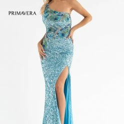 Primavera Couture 3738 Beaded Fitted Prom Dress Peacock Feather Details One Shoulder
