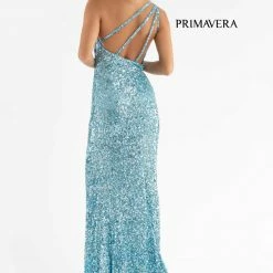 Primavera Couture 3738 Beaded Fitted Prom Dress Peacock Feather Details One Shoulder