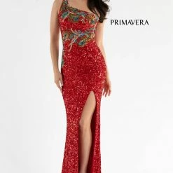 Primavera Couture 3738 Beaded Fitted Prom Dress Peacock Feather Details One Shoulder