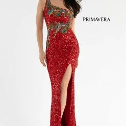 Primavera Couture 3738 Beaded Fitted Prom Dress Peacock Feather Details One Shoulder