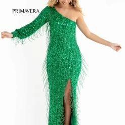 Primavera Couture 3739 One Shoulder Fringe Evening Prom Dress One Long Sleeve Slit