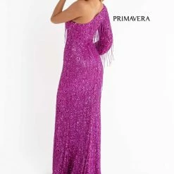 Primavera Couture 3739 One Shoulder Fringe Evening Prom Dress One Long Sleeve Slit