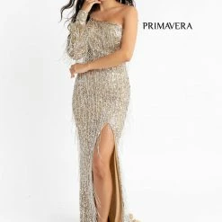 Primavera Couture 3739 One Shoulder Fringe Evening Prom Dress One Long Sleeve Slit