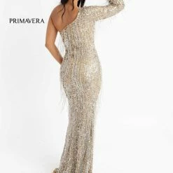 Primavera Couture 3739 One Shoulder Fringe Evening Prom Dress One Long Sleeve Slit