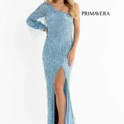 Primavera Couture 3739 One Shoulder Fringe Evening Prom Dress One Long Sleeve Slit