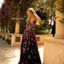 Primavera Couture 3740 Beaded Prom Dress Floral Design A Line Crisscross Open Back Backless Dresses