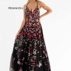 Primavera Couture 3740 Beaded Prom Dress Floral Design A Line Crisscross Open Back Backless Dresses