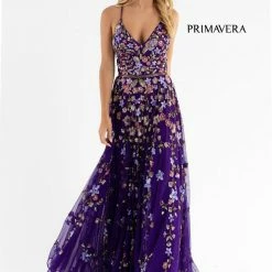 Primavera Couture 3740 Beaded Prom Dress Floral Design A Line Crisscross Open Back Backless Dresses