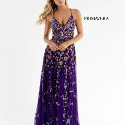 Primavera Couture 3740 Beaded Prom Dress Floral Design A Line Crisscross Open Back Backless Dresses