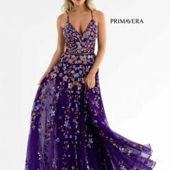Primavera Couture 3740 Beaded Prom Dress Floral Design A Line Crisscross Open Back Backless Dresses